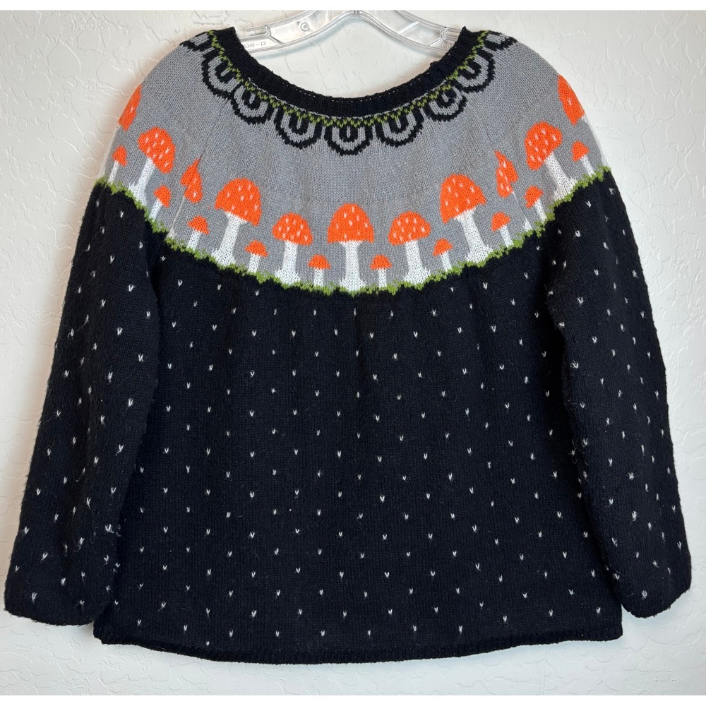 Handmade Mushroom Fair Isle Knit Sweater Black Orange Toadstool Cottagecore 2267